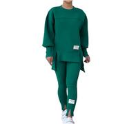 NSICBMNO Green Womens Tracksuit Set 2 Piece Outfits Oversized Sweatshirts Gym Leggings Airport Out Long Jumpers Split Hem Trousers Casual Co Ord Sets Winter Lounge Wear Sets For Gym Sports Travel