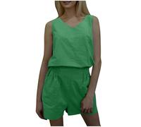 NSICBMNO Green Womens Two Piece Outfits Summer Lounge Wear Sets Sleeveless Tank Tops V Neck Vest Wide Leg Shorts Sexy Hot Pants Casual Tracksuit Airport Outfits Shorts Co Ord Sets For Yoga Beach