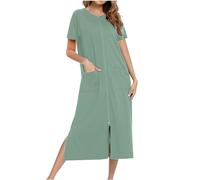 NSICBMNO Green Zip Dressing Gowns For Women Uk Long Bath Robes Lightweight House Coat Short Sleeve Nighties With Pockets Ladies Full Length Nightdresses Pyjamas Nightgowns Sleepwear Nightwear