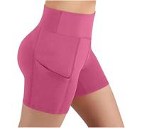NSICBMNO Hot Pink Gym Shorts for Women with Pockets Butt Lift Tummy Control Leggings Workout Running Shorts High Waisted Gym Leggings Stretchy Pants for Cycling Sports Yoga Activewear