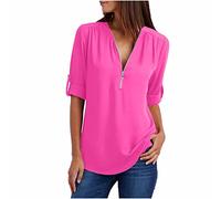 NSICBMNO Hot Pink Women's Summer Tops Long Length T Shirts Short Sleeve Blouses V Neck T Shirts Half Zip Top Chiffon Blouses Tunic Tshirt Flowy Top Casual Loose for Going Out Holiday Beach