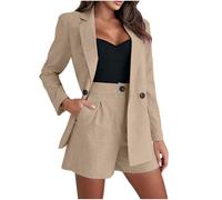 NSICBMNO Khaki 2 Piece Outfits Women Blazer Co Ord Shorts Sets Suit Jacket Tailored Shorts With Pockets Office Work Outfits Short Lounge Sets Open Front Blazer Hot Pants Casual Tracksuit