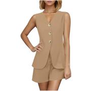 NSICBMNO Khaki 2 Piece Outfits Women Shorts Co Ord Sets Summer Suits Sleeveless Waistcoat Button Up Vest Top Tailored Shorts Hot Pants Casual Outfits Summer Lounge Sets For Office Work Streetwear
