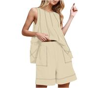 NSICBMNO Khaki Co Ord Sets For Women Summer 2 Piece Outfits Cotton Linen Shorts Oversized Vest Tops Sleeveless Tunics Striped Lounge Set With Pockets Casual Tracksuits Travel Outfits Y2K Streetwear