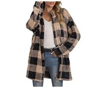 NSICBMNO Khaki Fleece Jacket Women Plaid Long Shirt Jacket Button Up Coat Long Sleeve Open Front Cardigan Checked Fleece Fluffy Winter With Side Pockets Ladies Casual Lounge Wear