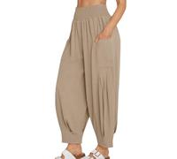 NSICBMNO Khaki Harem Pants Women Cotton Linen Trousers Wide Leg Yoga Pants with Pockets Elasticated High Waist Trousers Summer Baggy Sweatpants Cuffed Joggers Cargo Bottoms Loungewear Plus Size