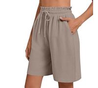 NSICBMNO Khaki Linen Shorts Women Knee Length Summer Long Shorts Wide Leg Lounge Pants with Pockets Elasticated Waist Yoga Pants Drawstring Baggy Sweatpants Culottes for Holiday Beach Activwear