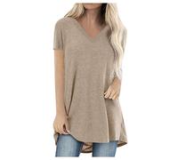 NSICBMNO Khaki Longline Tops for Women UK Plus Size Oversized T Shirts Ladies Long Tunics Summer Short Sleeve Tops Round Neck Tshirt Flowy Tshirt Loose Fit Blouses for Casual Work Gym Holiday Beach
