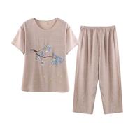 NSICBMNO Khaki Lounge Wear Sets For Women Uk Cropped Pyjamas Plus Size Floral Tops Capri Pants Summer Co Ord Sets Short Sleeve Blouses Round Neck T Shirts Elastic Waist Trousers Soft Pjs Sleepwear