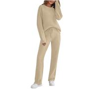 NSICBMNO Khaki Lounge Wear Sets For Women Uk Two Piece Outfit Plus Size Fleece Pyjamas Long Sleeve Thermal Tops Crew Neck Jumpers Airport Travel Outfits Casual Track Suit For Home Loungewear