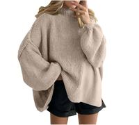 NSICBMNO Khaki Oversized Jumper Women Batwing Tops Knitted Jumpers Mock Neck Sweatshirt Long Tunic Tops Ribbed Knit Sweater Long Sleeve Baggy Sweaters Pullover Casual Blouses Y2K Streetwear