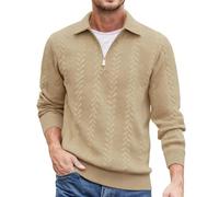 NSICBMNO Khaki Quarter Zip Jumper Men Knitted Jumper Long Sleeve Polo Shirts Thermal Henley Tops V Neck Quarter-Zip Sweatshirts Oversized Winter Polo Shirts Baggy Sweatshirt For Gym Running Golf