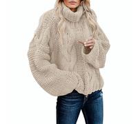 NSICBMNO Khaki Roll Neck Jumpers for Women UK Cable Knit Jumper Oversized Sweater Long Sleeve Tunic Tops Baggy Sweatshirt Polo Neck Tops Knitted Sweater Pullover Casual Sweatshirts Loose Blouses