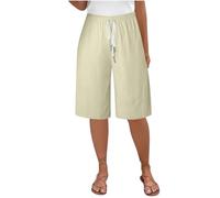 NSICBMNO Khaki Running Shorts Womens Wide Leg Lounge Pants Ladies Linen Knee Length Shorts Drawstring Joggers with Pockets Elastic Waist Trousers Workout Yoga Short Lounge Pants Baggy Sweatpants