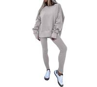 NSICBMNO Khaki Tracksuit Womens Full Set 2 Piece Outfits Lounge Wear Sets Oversized Sweatshirt Tunic Tops Gym Leggings Straight Leg Joggers Airport Outfit Jogging Suits Co Ord Sets Y2K Streetwear