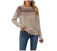 NSICBMNO Khaki Women's Long Sleeve Tops Crew Neck Jumper Knitted Jumper Vintage Sweater Tunic Tops Loose Knit Sweater Casual Sweatshirts Fairisle Loose Pullover Streetwear