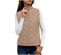 NSICBMNO Khaki Womens Winter Coats Sleeveless Down Jacket Plain Body Warmer Zip Up Vest Padded Waistcoat Winter Wear Cropped Puffer Vest Stand Collar Lightweight Outerwear With Pockets