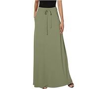 NSICBMNO Ladies Green Elasticated Waist Summer Maxi A Line Long Flared Drawstring Fold Over Pleated Smart Casual Skirts