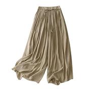 NSICBMNO Ladies Linen Trousers Summer Cropped Trousers Elegant Pleated Wide Leg Elastic Waist Trousrs Drawstring Yoga Pants Double Layer Beach Pants Plain Comfort Loungewear