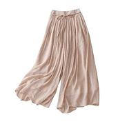 NSICBMNO Ladies Linen Trousers Summer Cropped Trousers Elegant Pleated Wide Leg Elastic Waist Trousrs Drawstring Yoga Pants Double Layer Beach Pants Plain Comfort Loungewear
