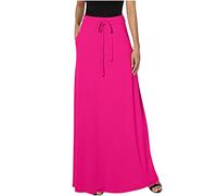 NSICBMNO Ladies Skirts Elasticated Waist Summer Skirts Womens Spring Maxi A Line Long Flared Drawstring Fold Over Maxi Skirt Long Pleated Smart Skirt Casual