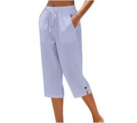 NSICBMNO Ladies Summer Trousers Elasticated Waist, Cropped Trousers Women Gingham Capri Pants Summer Elasticated Waist Cotton Linen Pants Straight Leg Bottoms Side Split Shorts with Pockets