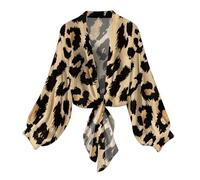 NSICBMNO Leopard Print Tops Bolero Shrug Lightweight Summer Cardigan Long Sleeve Shrugs Kimono Beach Cover Up Chiffon Cardigan Loose Capes Tie Front Bolero UK Size