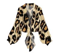 NSICBMNO Leopard Print Tops Bolero Shrug Lightweight Summer Cardigan Long Sleeve Shrugs Kimono Beach Cover Up Chiffon Cardigan Loose Capes Tie Front Bolero UK Size