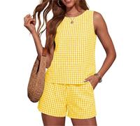 NSICBMNO Long Haul Flight Outfit Women, Gingham Co Ord Sets For Women Summer 2 Piece Outfits Checked Coord Set Loose Fit Vest Tops Shorts Tracksuit Set Sleeveless Tank Top Elastic Waist Shorts