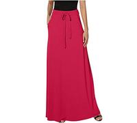 NSICBMNO Long Red Skirts for Women UK Boho Skirts with Pockets Ladies Elasticated Waist Maxi Long Pleated A Line Casual Flared for Vacation Work Going Out