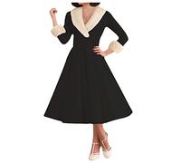 NSICBMNO Long Sleeve Dresses for Women UK Elegant Vintage Dress Wedding Guest Dresses Flattering Hide Tummy V Neck Dress A Line Midi Formal Swing for Evening Cocktail Tea Party