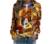 NSICBMNO Long Sleeve Tops Women Easter Sweatshirt Round Neck Oversized Jumper Vintage Print 3D Print Fleece Lined Loose Lightweight