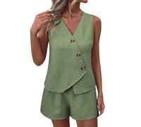 NSICBMNO Lounge Sets For Women Shorts Co Ord Sets Summer 2 Piece Outfits Sleeveless Waistcoat V Neck Vest Tops Wide Leg Shorts Casual Tracksuits Travel Airport Outfits For Office Work Beach