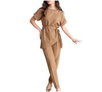 NSICBMNO Lounge Sets For Women Summer 2 Piece Outfits Elegant Long Tops Straight Leg Office Trousers With Belt Business Outfits Casual Co Ord Sets Wedding Guest For Party Streetwear Khaki
