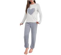 NSICBMNO Lounge Wear Sets For Women Uk Winter Pyjamas Two Piece Ribbed Outfit Heart Jumper Straight Leg Trousers Airport Outfit Long Sleeve Tops Thermal Pj Bottoms Casual Tracksuit Loungewear