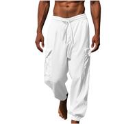 NSICBMNO Mens Casual Trousers Elasticated Waist Slacks Cotton Linen Trousers Loose Fit Baggy Jogging Bottoms Drawstring Sweatpants Cargo Pants with Pockets for Gym Yoga Beach Plus Size