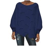 NSICBMNO Navy Batwing Jumper for Women UK Plus Size Crochet Oversized Round Neck Sweater Long Sleeve Tops Slouch Lightweight Knit Pullover Casual Streetwear