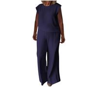NSICBMNO Navy Co Ord Sets For Women 2 Piece Summer Outfits Sleeveless Tank Tops Elegant Wide Leg Trousers Chiffon Wedding Outfits Ladies Round Neck Vests Flared Pants Lounge Sets Casual Tracksuits