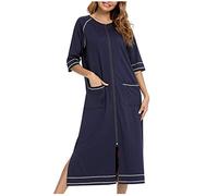 NSICBMNO Navy Cotton Nighties For Women Zip Up Dressing Gowns Knee Length Pyjamas With Pockets Ladies Long Zipped Bathrobes Lightweight Housecoat Half Sleeve Night Dress Loungewear Sleepwear