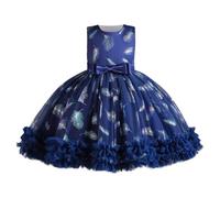 NSICBMNO Navy Girls Princess Dress Tutu Party Dresses Feather Print Bow Tie Ruffle Layered Dress Pageant Tulle Dresses for Kid Wedding Holy Communion Evening Prom Ball Gown for 3-12 Years