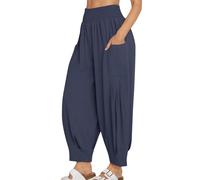 NSICBMNO Navy Harem Pants Women Cotton Linen Trousers Wide Leg Yoga Pants with Pockets Elasticated High Waist Trousers Summer Baggy Sweatpants Cuffed Joggers Cargo Bottoms Loungewear Plus Size