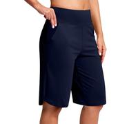 NSICBMNO Navy Knee Length Shorts Women UK Running Shorts with Pockets Straight Leg Joggers High Waisted Yoga Pants Baggy Sweatpants Stretchy Capri Pants for Summer Casual Office Work Jogging