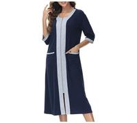 NSICBMNO Navy Long Nightdresses For Women Uk Cotton Bathrobe Zip Up Dressing Gowns Ladies Half Sleeve Cardigans Lightweight Housecoats Bed Jackets Nightgown Summer Pyjamas With Pockets Loungewear