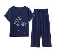 NSICBMNO Navy Lounge Wear Sets For Women Uk Cropped Pyjamas Plus Size Floral Tops Capri Pants Summer Co Ord Sets Short Sleeve Blouses Round Neck T Shirts Elastic Waist Trousers Soft Pjs Sleepwear