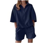 NSICBMNO Navy Lounge Wear Sets For Women Uk Tracksuit Shorts Set Two Piece Outfit Half Zip Sweatshirt Oversized T Shirts Running Shorts Travel Outfits Summer Co Ord Sets For Sport Yoga Gym Workout