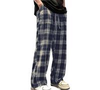 NSICBMNO Navy Plaid Pyjama Bottoms Men Checkered Pj Bottoms Elasticated Waist Trousers Drawstring Long Wide Leg Lounge Pants Baggy Joggers Tartan Trousers Pj Pants With Pockets Nightwear Loungewear
