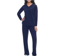 NSICBMNO Navy Scrubs Uniforms Women Set 2 Piece Outfits Long Sleeve Tops Elasticated Waist Trousers Lounge Wear Sets Track Suits V Neck T Shirts Flared Pants Casual Co Ord Sets For Work Streetwear