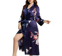 NSICBMNO Navy Silk Dressing Gown For Women Uk Plus Size Kimono Robes Long Dressing Gowns Lightweight Housecoats Satin Floral Robes Sexy Nightwear Full Length Bathrobes Spa Robe Sleepwear With Belt