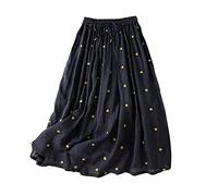NSICBMNO Navy Summer Skirts for Women UK Midi Pleated Skirts Ladies Polka Dot A Line Elasticated Waist Cotton Linen Long Flared Flowy for Beach Loungewear