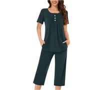 NSICBMNO Navy Two Piece Outfit Women Cropped Pyjamas Summer Co Ord Sets Round Neck T Shirts Capri Pants Pjs Set Lounge Wear Sets Pleated Tunic Tops 3/4 Trousers Loungewear Sleepwear Plus Size